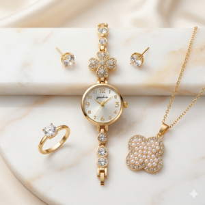 طقم ساعة وإكسسوارات نسائية فاخرة